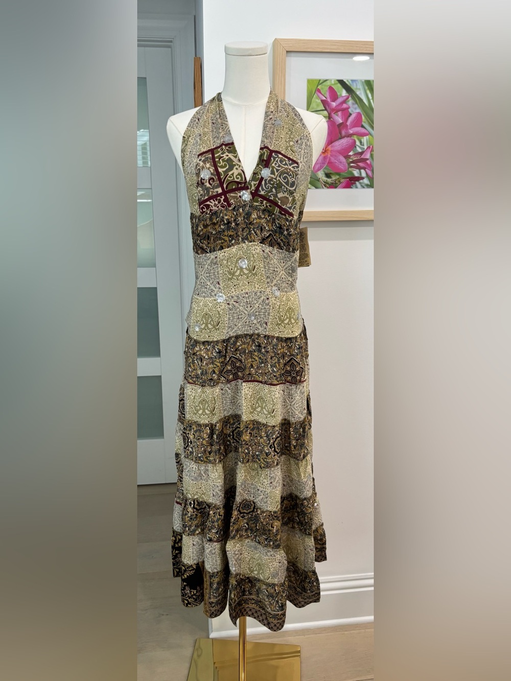 NWT Junglee Bille Bohemian Floral Halter Maxi Dress in Olive and Brown